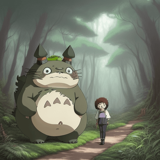 AI generated: Very cute Bob Ross totoro in the forest, character, art, daytime, bright, colorful, steampunk, indus...