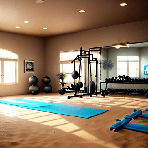 AI generated: indoor home gym inspired by muscle beach with sand as the floor and beach themed decor