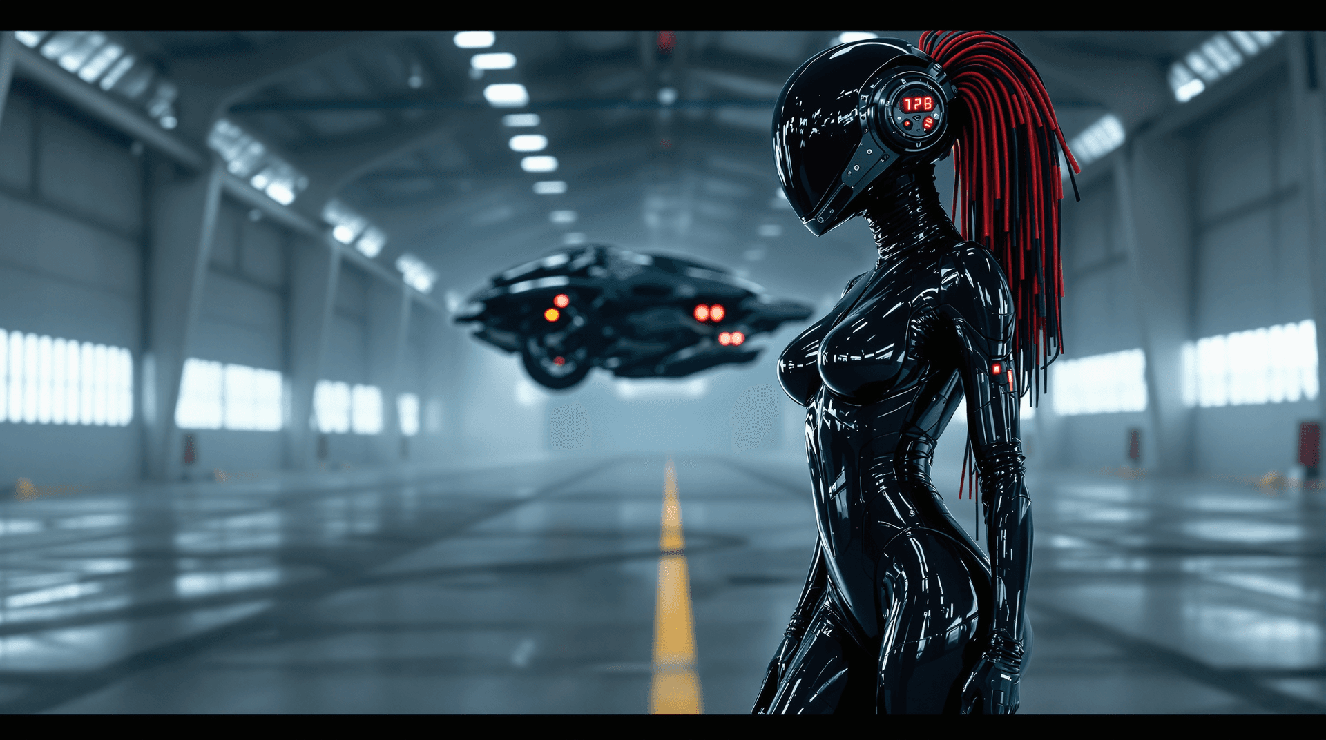 AI generated: A futuristic vision theam, full figure posing/shot, She's standing in the middle of a futuristic han...