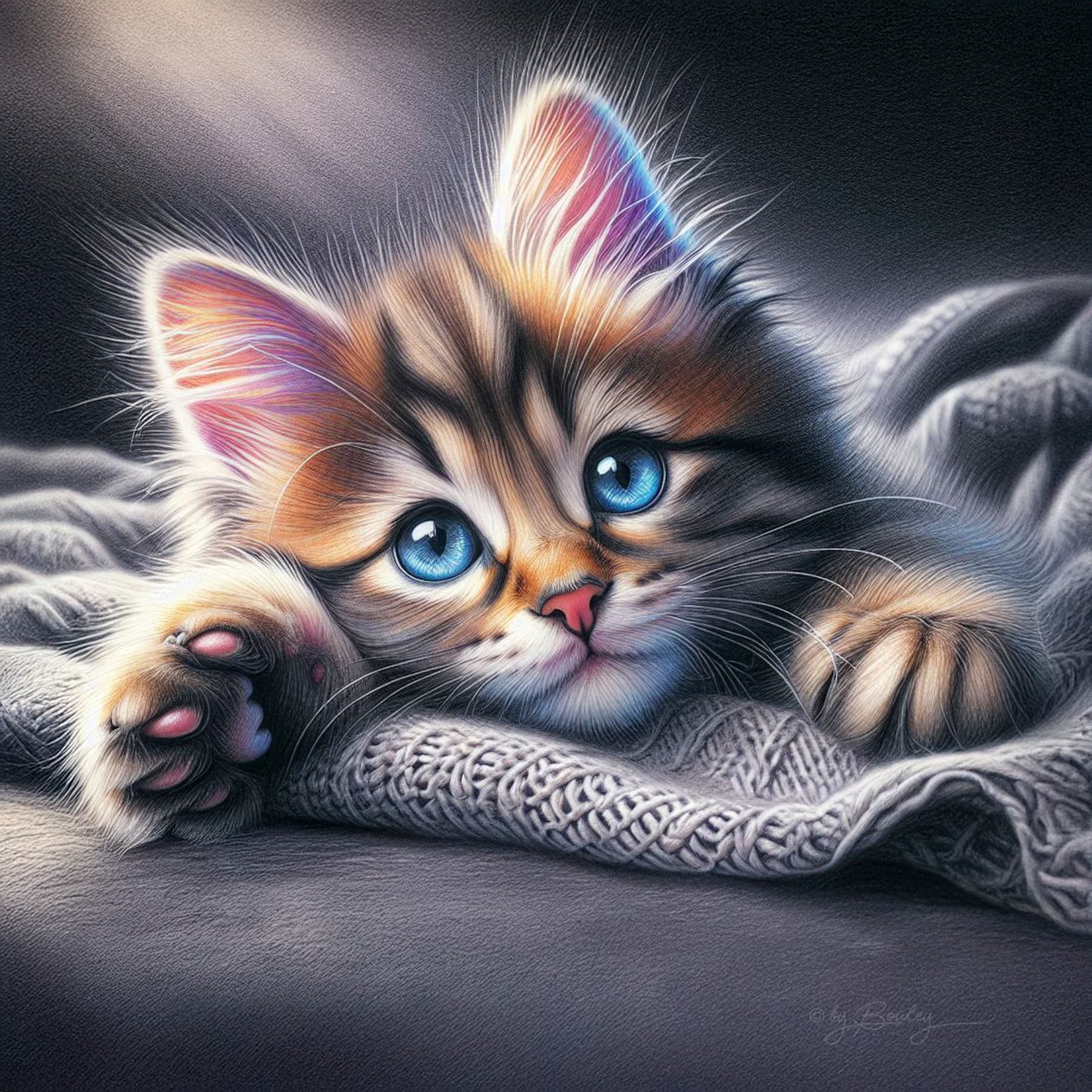 AI generated: color pencil artwork of a cute kitten lying on its side on a soft blanket, paws hanging down from, l...