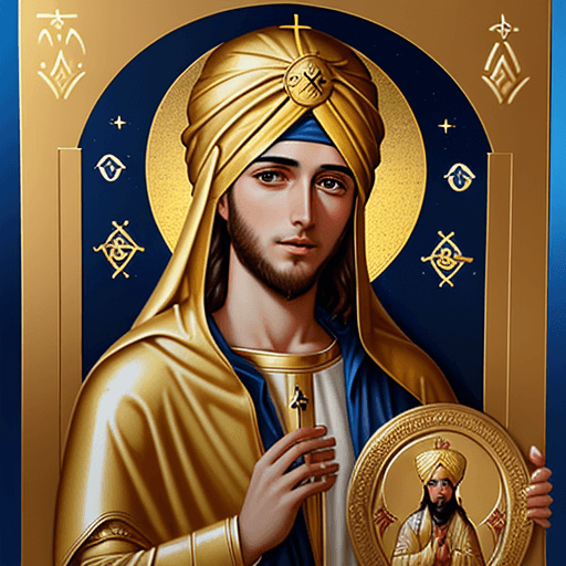 AI generated: Blue and gold orthodox icon of a Kurdish male Virgin Mary with a turban. Celestial and heavenly