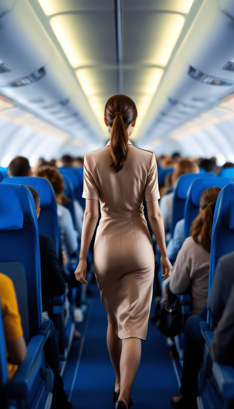AI generated: Rear view, A gorgeous brunette stewardess, in a beige uniform, walks through the aisle, inside a pla...