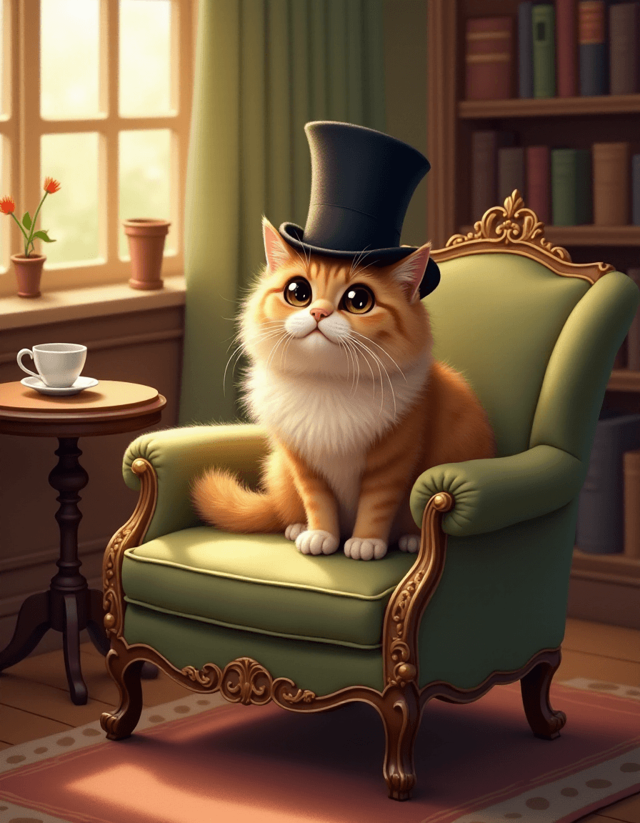 AI generated: "A cute, fluffy cat wearing a stylish top hat, sitting calmly on a Victorian-style armchair. The cat...