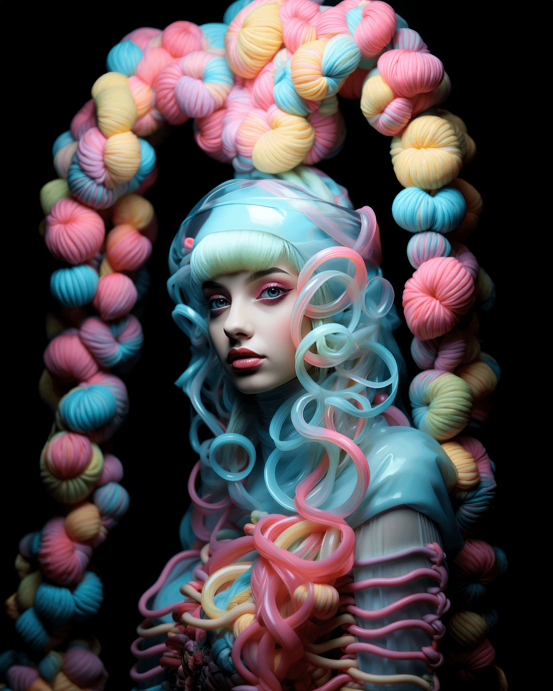 AI generated: a girl wearing a blue hat, in the style of neon colors, surreal fashion photography, light green and...
