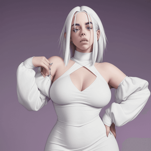 AI generated: Billie Eilish with white hair in a tight dress with big thighs and a large neckline