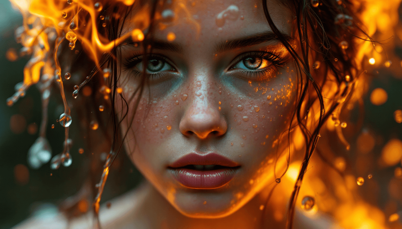 AI generated: a girl is on fire and water droplets falling down on her face
