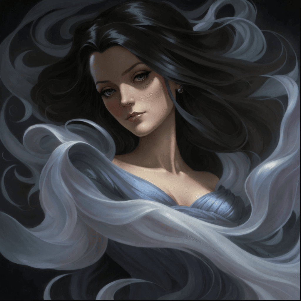 AI generated: painting of a woman with long hair and flowing dress, mystical oil on linen, anna dittmann alberto v...