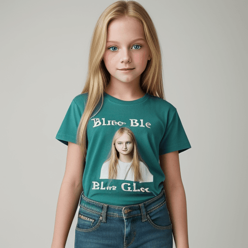AI generated: girl, 9 years old, blonde, blue green eyes, dressed in jeans and a T-shirt