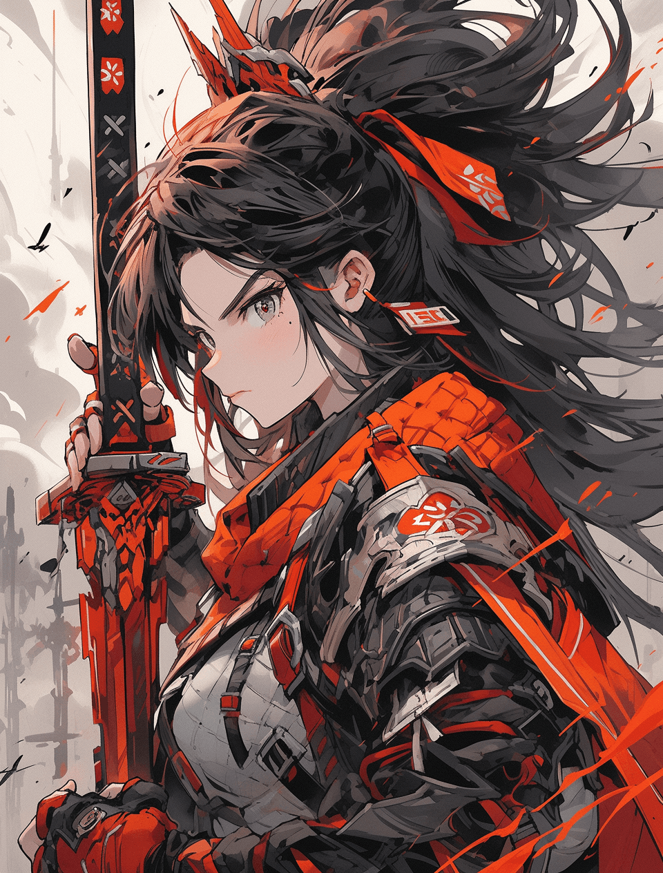 AI generated: female warrior character on a sword, in the style of dark orange and red, urban and edgy, intel core...