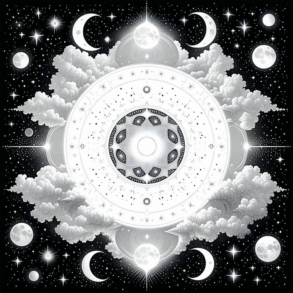 AI generated: **Celestial Calm:** A mandala featuring stars, moons, and swirling clouds, offering a soothing night...