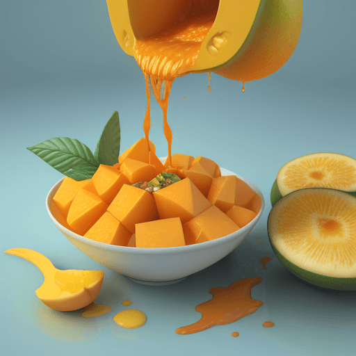 AI generated: A 3D render of a juicy mango and pieces of mango splashing in a sauce. The sauce is a bright yellow ...