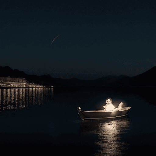 AI generated: On a moonlit night, the lake shimmered, a small boat sailed slowly on the water, several seabirds fl...