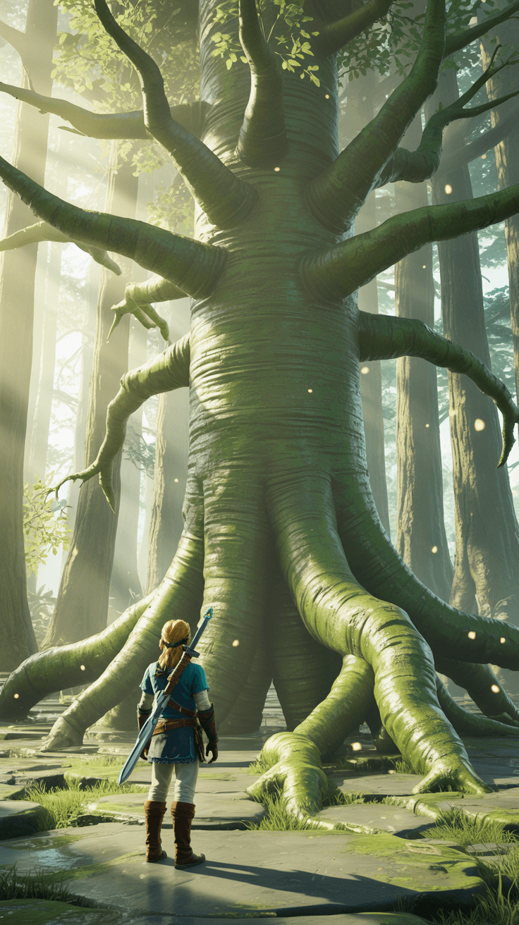AI generated: Create a hyper-realistic scene of Link standing in front of the Great Deku Tree in a sacred forest. ...