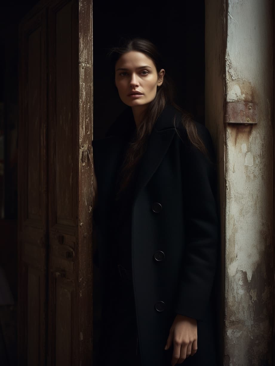 AI generated: fashion editorial photo of a russian long hair supermodel model in black long coat standing in the d...