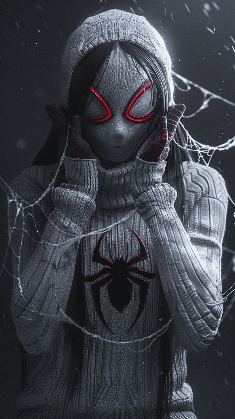 AI generated: photorealistic Spidergwen wearing a grey sweater with spider silk. She has white skin and long black...