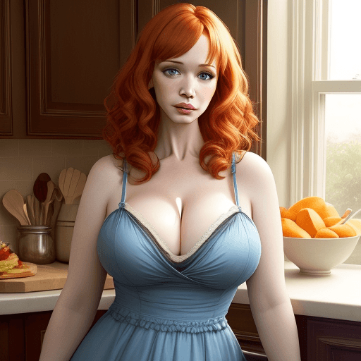 AI generated: hyperrealistic photo of actress christina hendricks, sleeveless summer dress, cleavage, in her kitch...