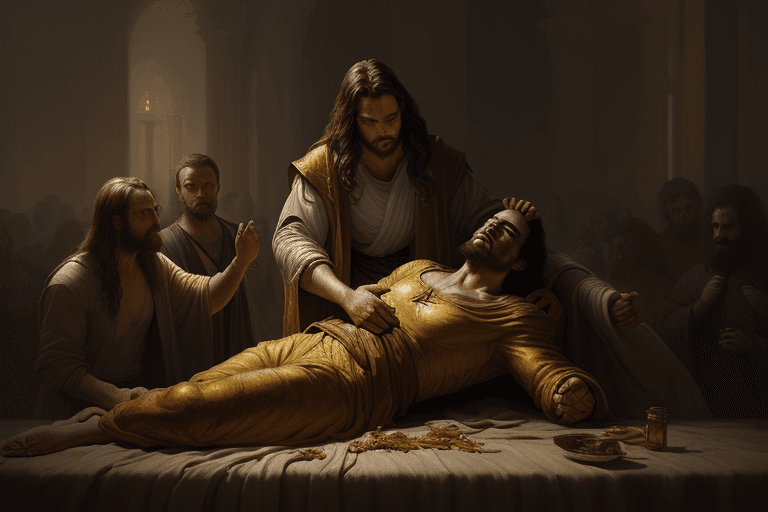 AI generated: breathtaking soft painting Jesus resurrects Lazarus, a golden sky, realistic oil painting - (impasto...