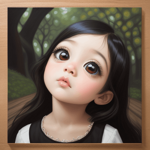 AI generated: creative painting of a New York child with large eyes with thick, long black eyelashes, looking up, ...