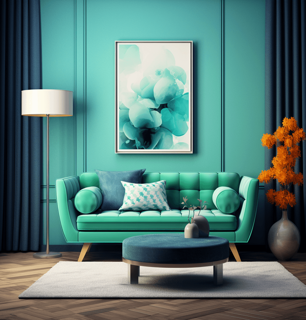 AI generated: blue living room design, in the style of 1960s, light green and dark aquamarine, light green and dar...