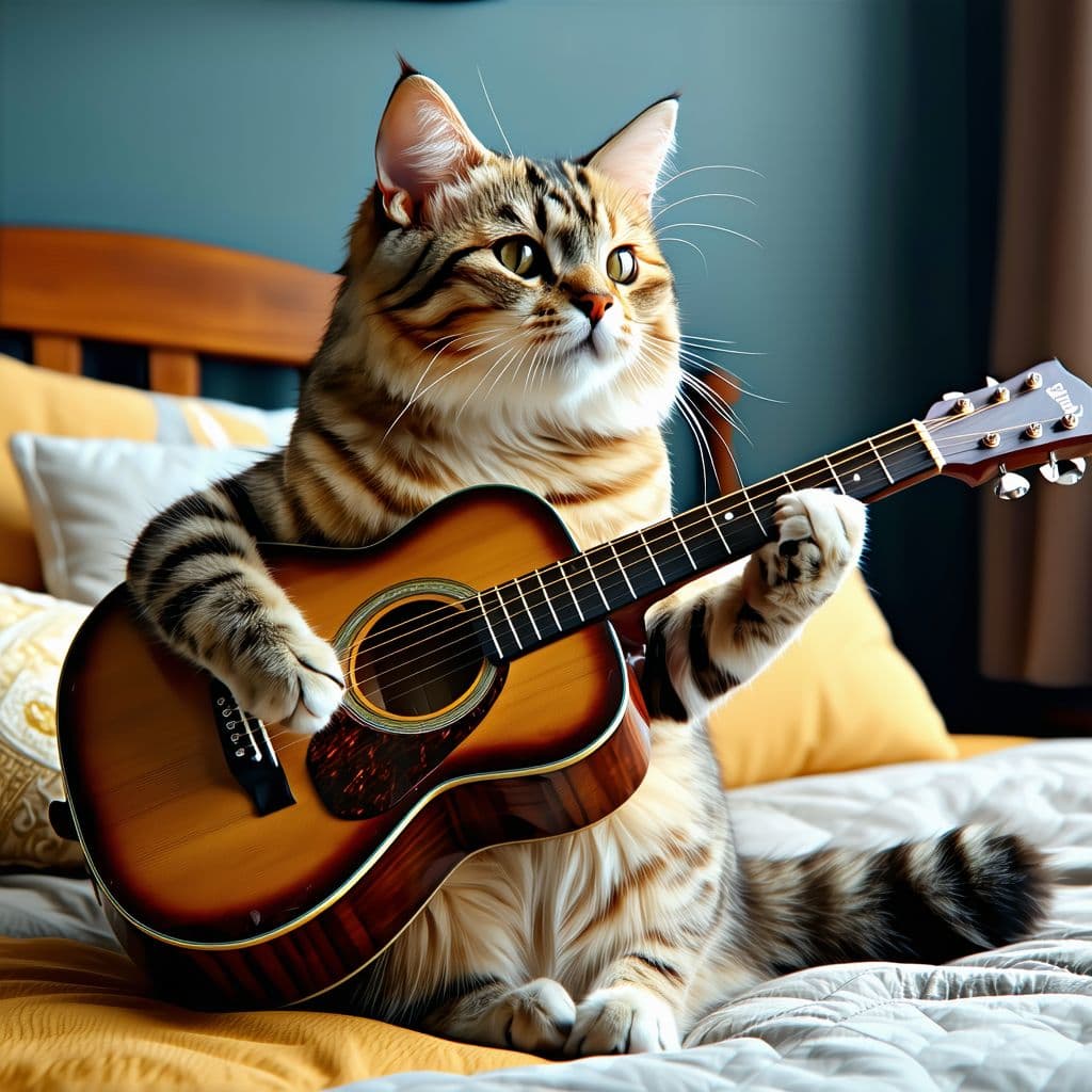 AI generated: Make an image of cat playing a guitar and singing serenade