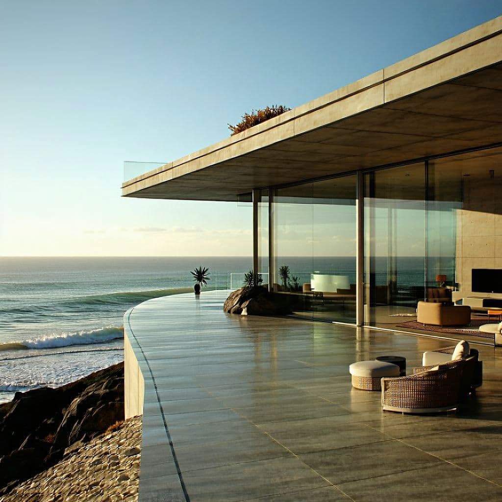 AI generated: Hyper realistic eye level exterior photo of a mid century modern style house overlooking the ocean, ...