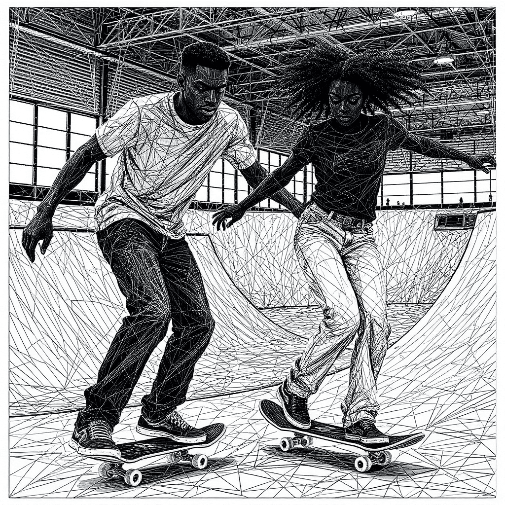 AI generated: Centered image. 400 pixels. String art style. An African American male and female skate boarders wea...