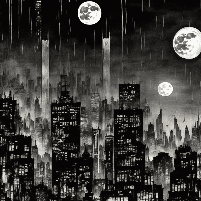 AI generated: background Gotham city, tall buildings with lights on, full moon, the joker full body, The Joker by ...