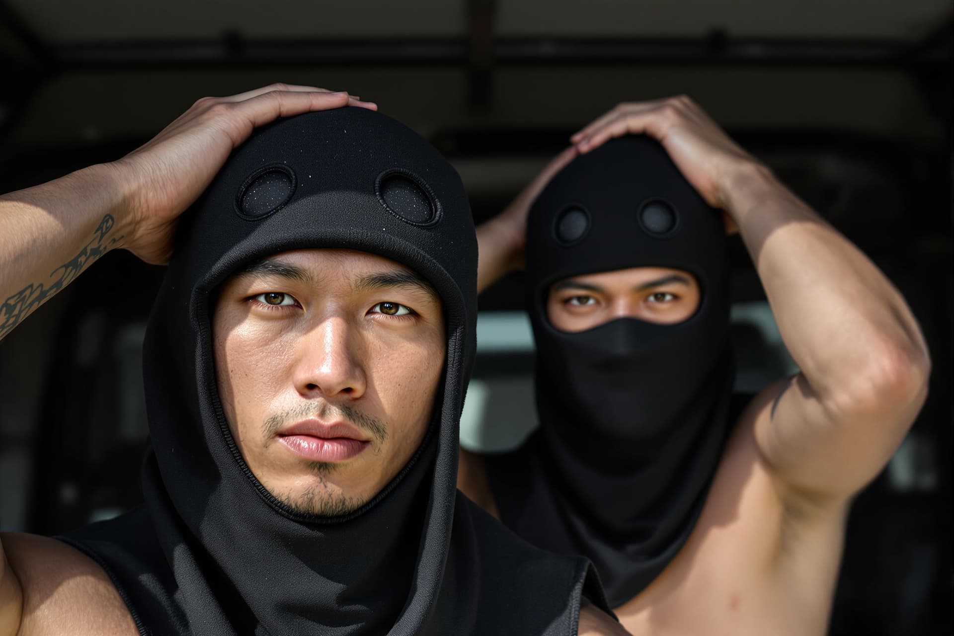 AI generated: Two strong male Asian born Chinese athletes arrested in day time. They are under police investigatio...