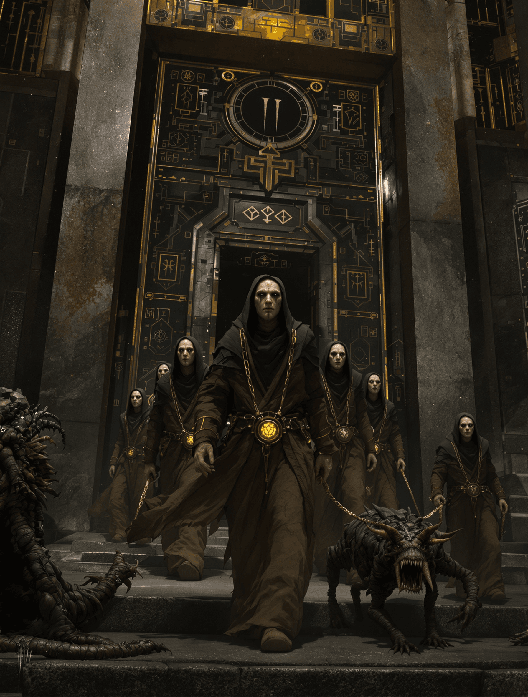 AI generated: /Artprompt Sci-fi, create a dystopian futuristic scene depicting (a group of strange mystical beings...