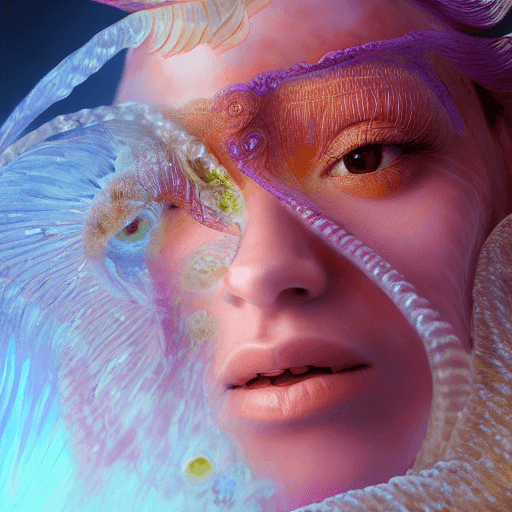 AI generated: Goddess close-up portrait ribcagel. jellyfish phoenix head, nautilus, orchid, skull, betta fish, bio...