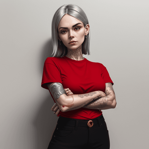 AI generated: a woman in red shirt with her arms folded against , in the style of tattoo, normcore, dark silver an...