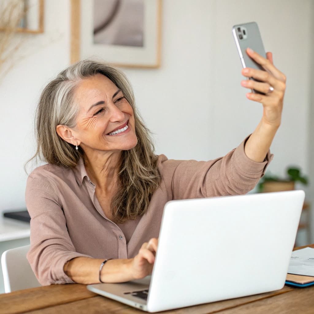AI generated: A pretty woman influencer, with a warm and genuine smile, is sitting at her desk with her laptop ope...
