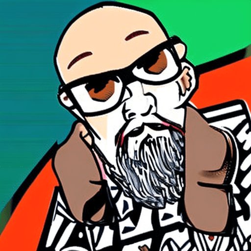 AI generated: A bald man with black and grey beard, Brown Eyes and rounded eyeglasses plays video game with a game...