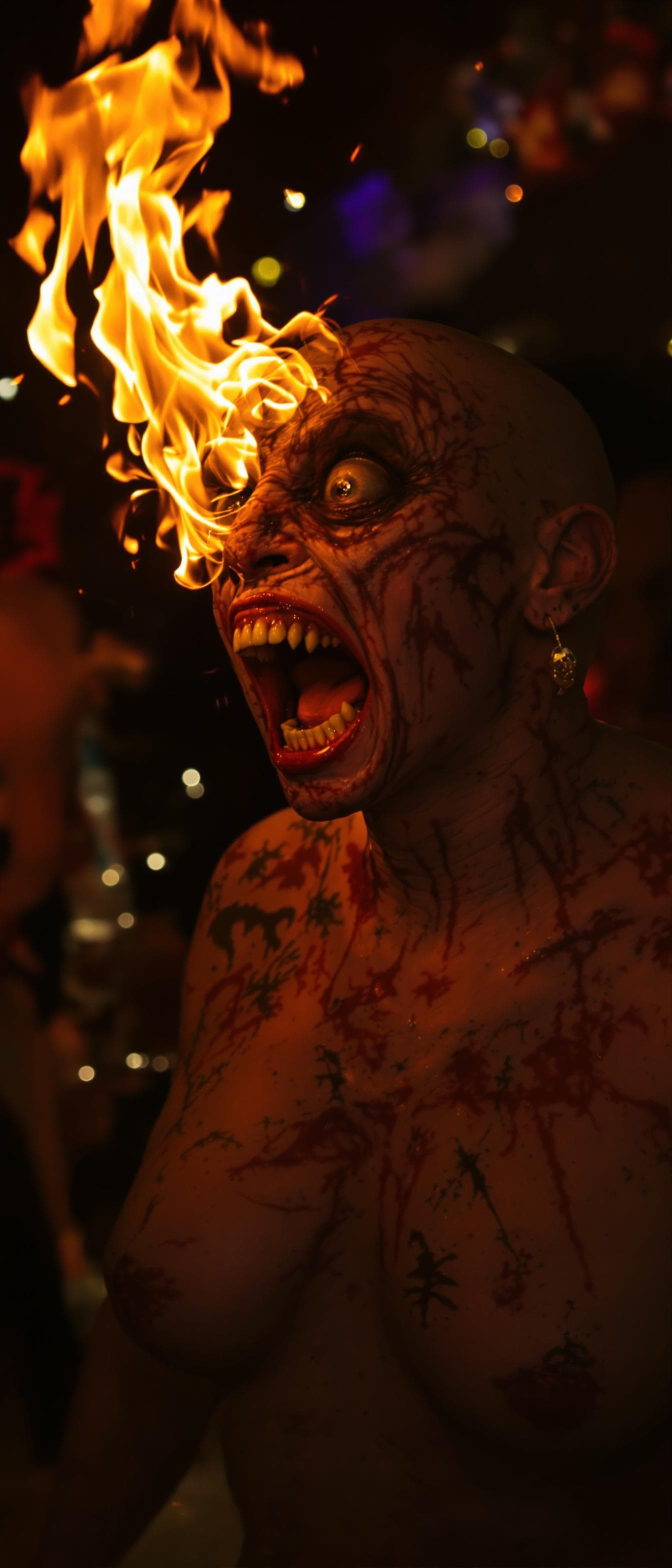 AI generated: An ugly face woman with ugly body  dancing in a party with fire from her mouth . She is Bald . She h...
