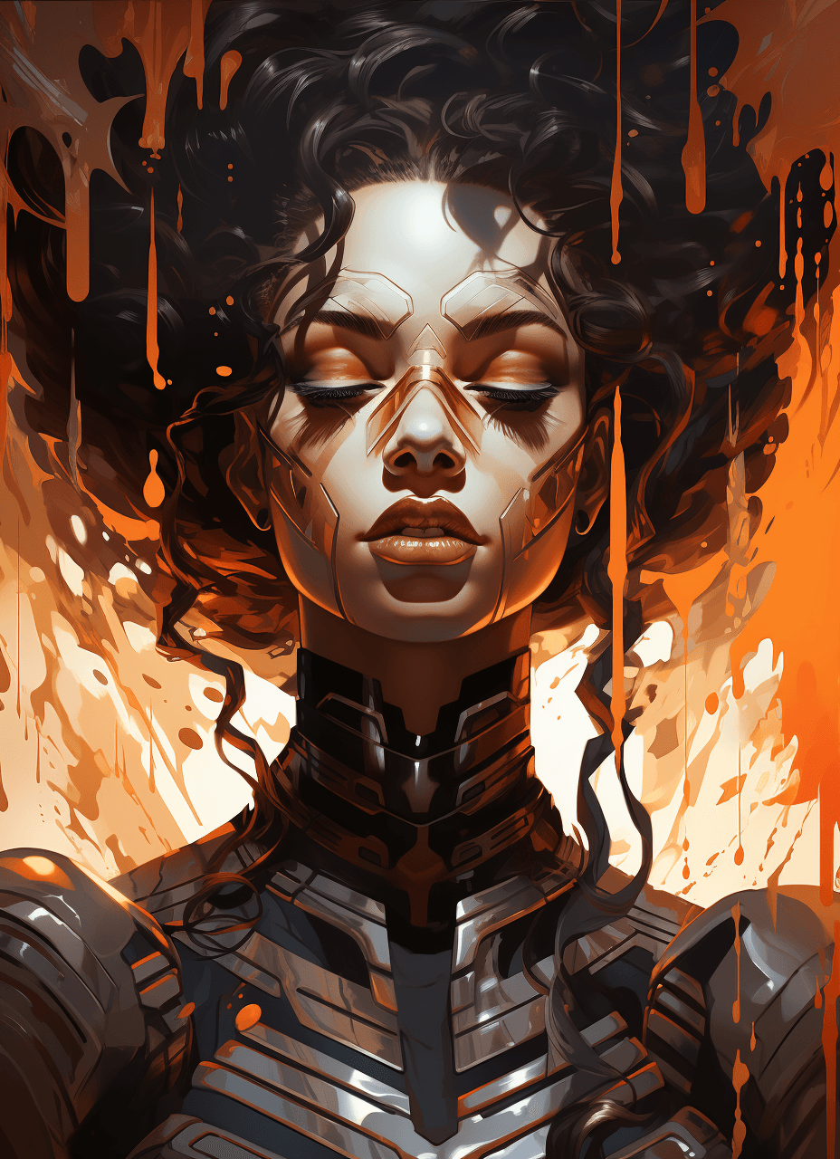 AI generated: another latte pouring out of a woman's head, in the style of afrofuturism, dark white and dark amber...