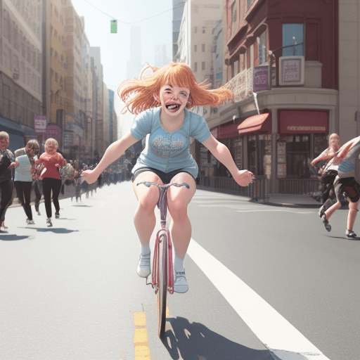 AI generated: Picture of Penny rolling joyfully through the lively streets of CoinCity
