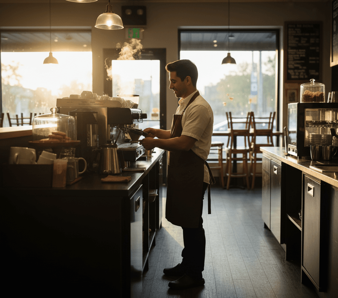 AI generated: At a coffee shop. It's a early morning, it's dawning. The Hispanic male barista is 5 feet tall. He i...