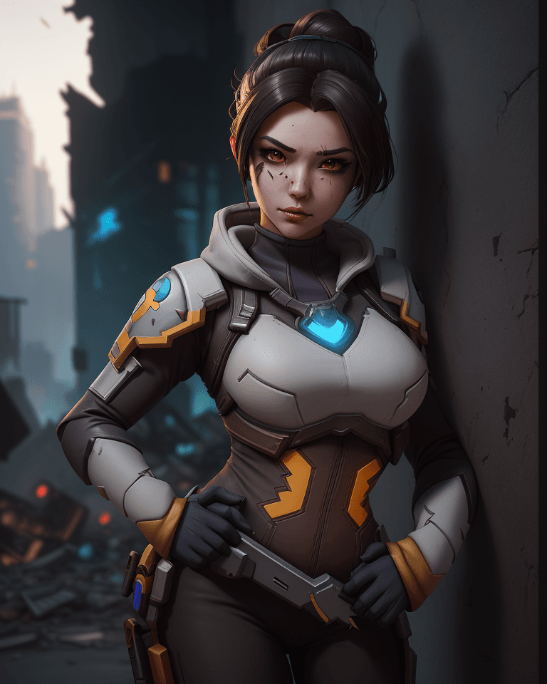 AI generated: Beautiful girl, wearing costum a one characters from game overwatch, shot gun in the hand, standing ...