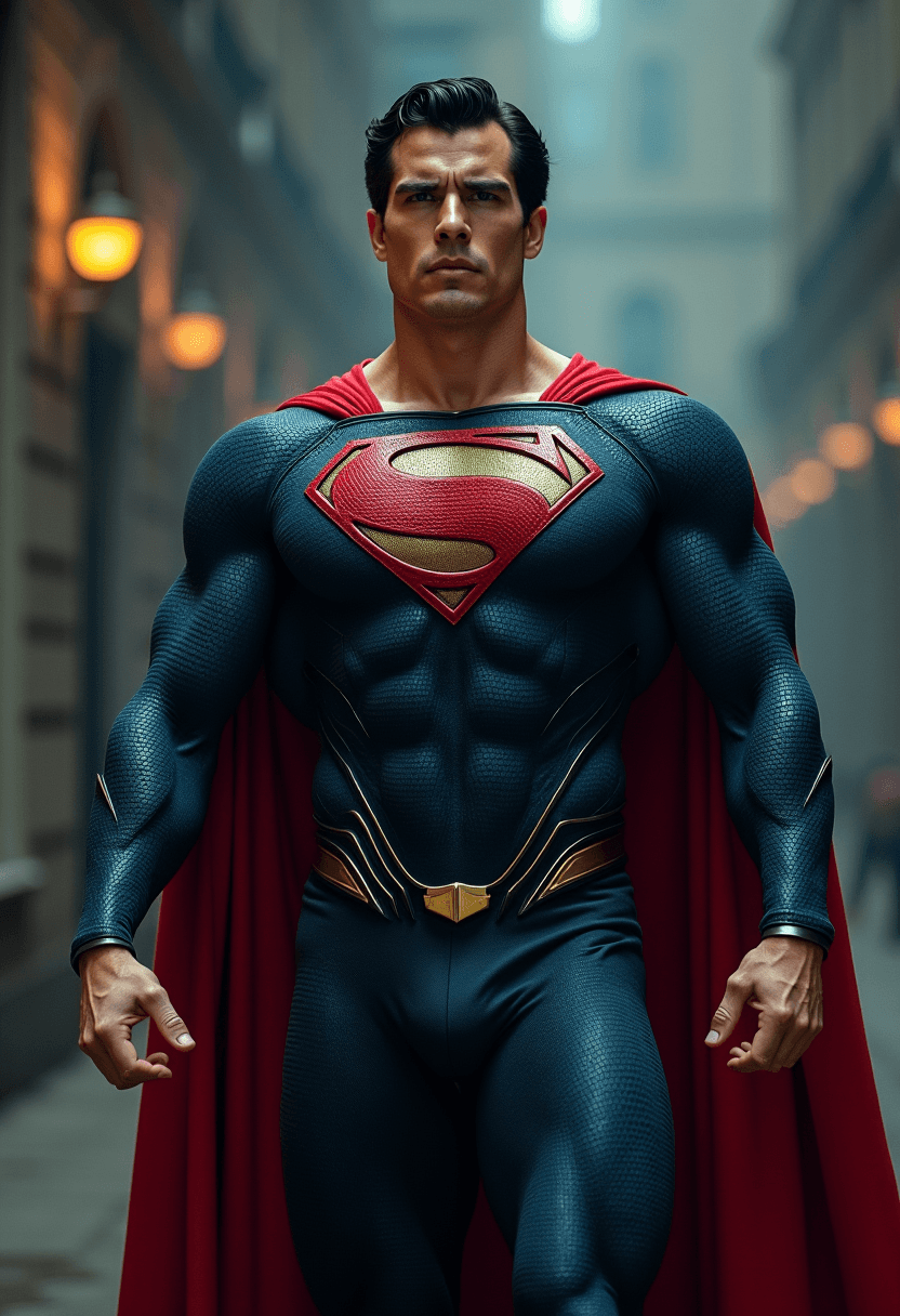 AI generated: a muscular superman , whole body, cinematic, intense, cinematic composition, cinematic lighting, col...