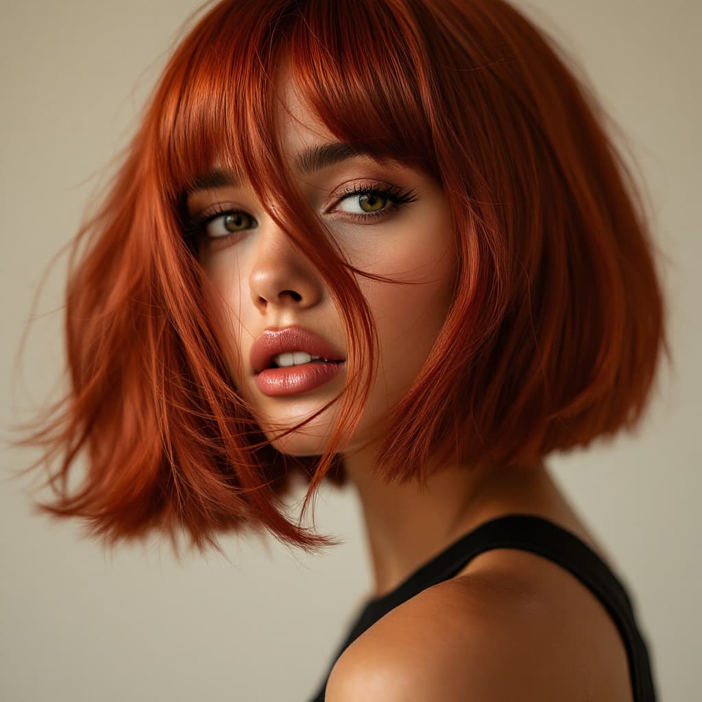 AI generated: hair photography, woman, bob cut hair, red color, ivory hue background, studio lighting setup, reali...
