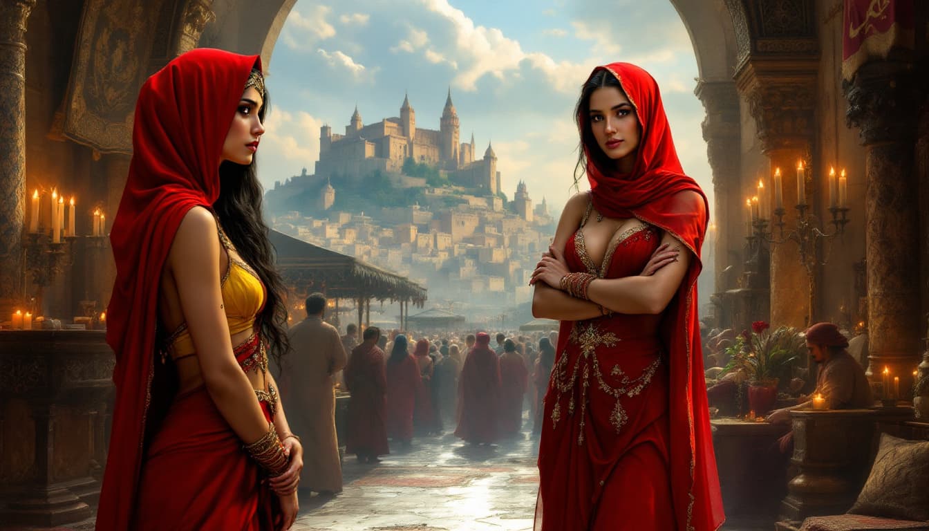 AI generated: a painting of a bustling medieval marketplace in a Middle Eastern city. The two women in the foregro...