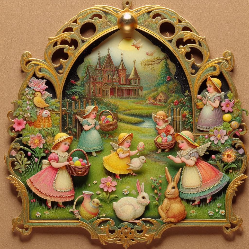 AI generated: Easter-related collectible victorian Die Cut with glitter, nostalgia, 2d, 3d, sharp, high definition...