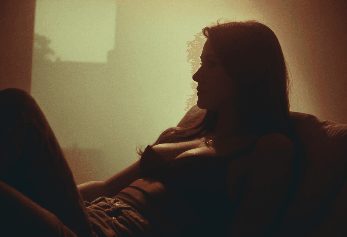 AI generated: A 35mm photograph of a sexy woman, mid-30s, is partially enshrouded in darkness. She's relaxing in h...
