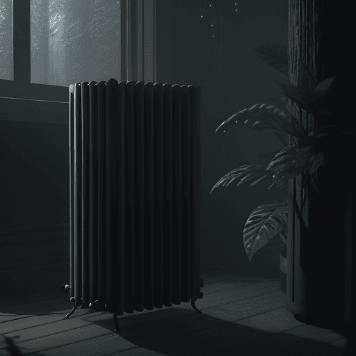 AI generated: home radiator that consumes energy , in the detailed dark forest ,the floor below the radiator rotte...