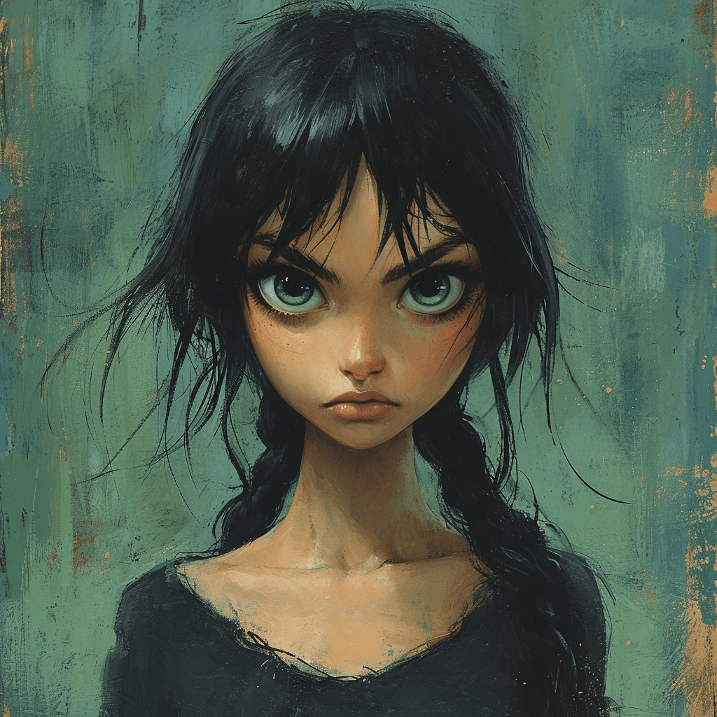 AI generated: a girl with long hair and big shoulders, with angry eyes, in the style of quirky manga art, bill wat...