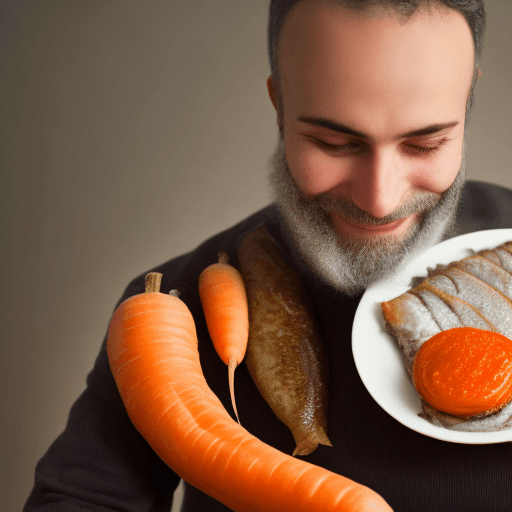 AI generated: Sephardic Jewish Man with white kipper, eating gefilte fish with sliced carrot on top, high details,...