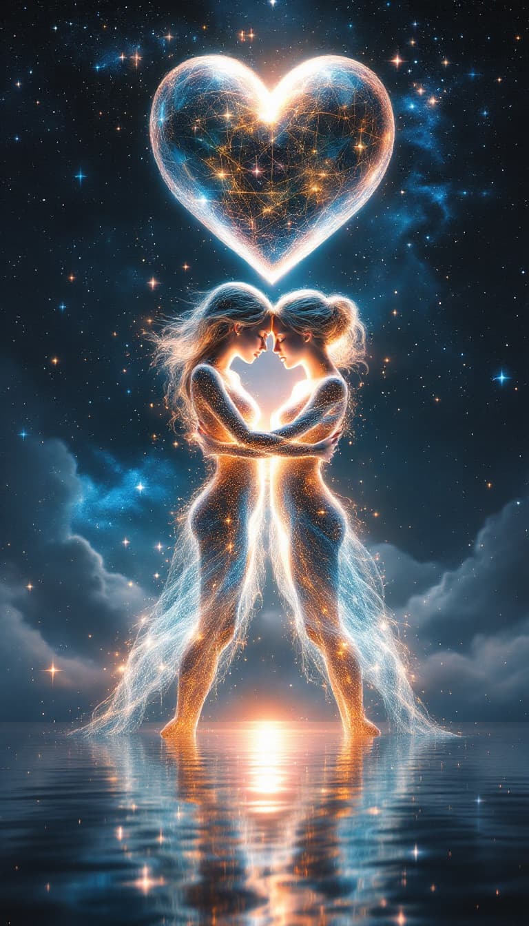 AI generated: Two ethereal figures entwined in a celestial embrace float above a mirrored cosmic lake, their bodie...