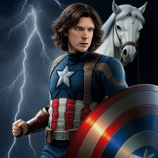 AI generated: Javier Milei, 55 years old, as captain america, disney style, full body, fight with zeus, god of thu...
