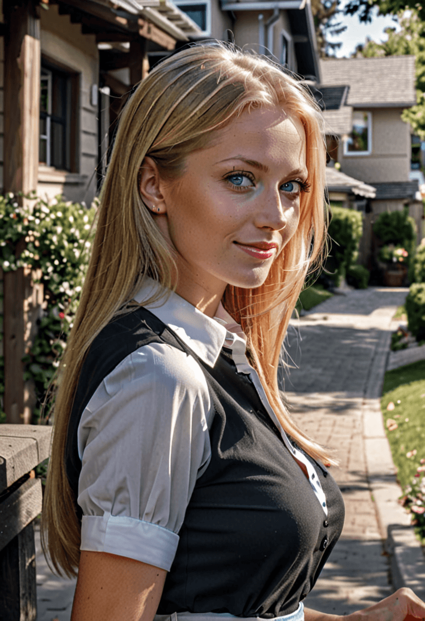 AI generated: HDR photo of happy woman, from the side, long blonde hair, light makeup, light blue eyes, perfect ey...