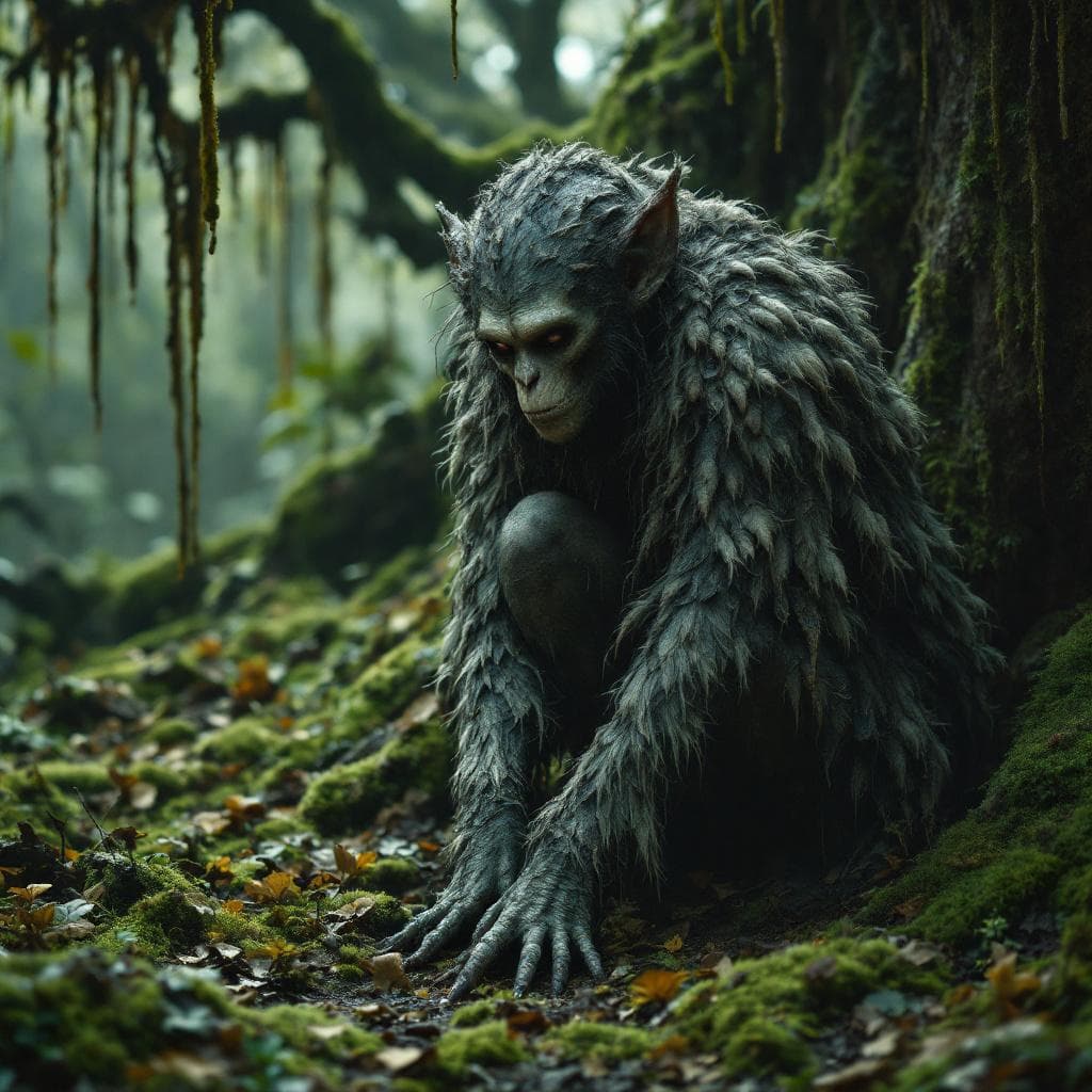AI generated: hominid slightly more human looking female wearing  various animal pelts covering her,  crouching on...